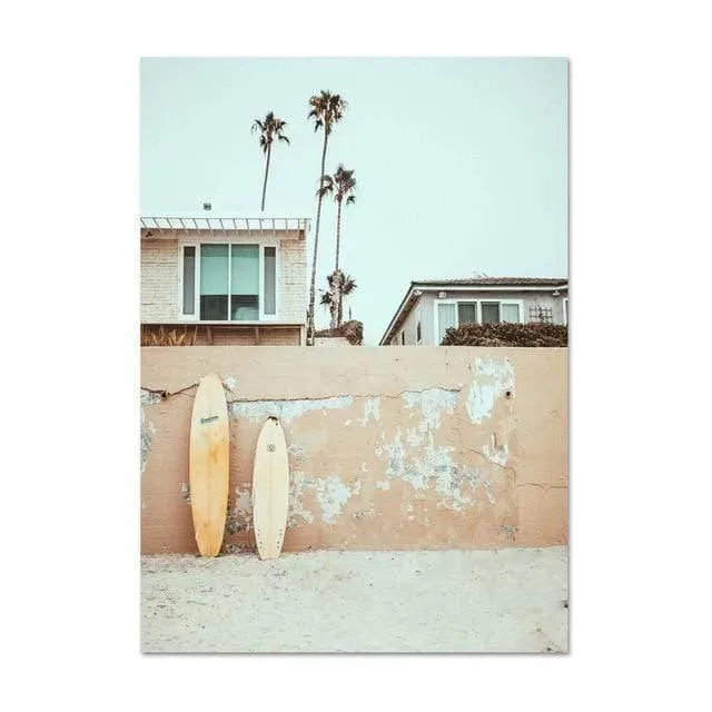 California Surf Kunstdrucke Strand Wandkunst Sommer Print Sonnenuntergang Landschaft Leinwand Malerei Surfbrett Boho Decor Coastal Poster
