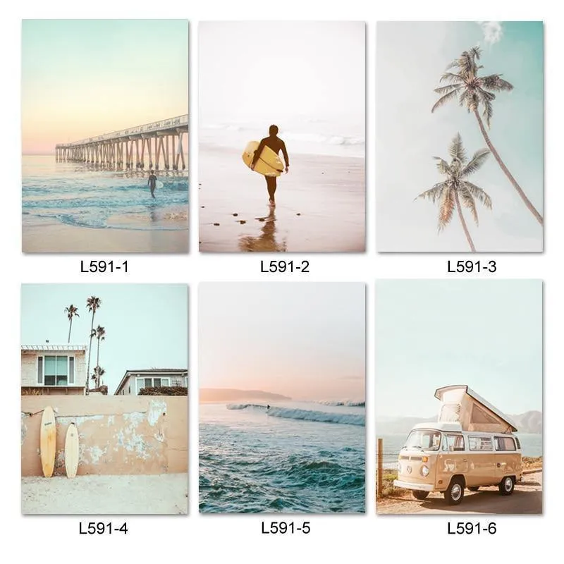 California Surf Kunstdrucke Strand Wandkunst Sommer Print Sonnenuntergang Landschaft Leinwand Malerei Surfbrett Boho Decor Coastal Poster