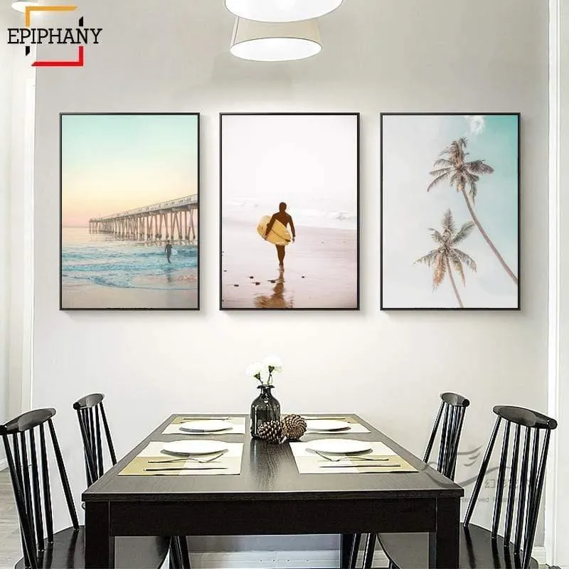 California Surf Kunstdrucke Strand Wandkunst Sommer Print Sonnenuntergang Landschaft Leinwand Malerei Surfbrett Boho Decor Coastal Poster
