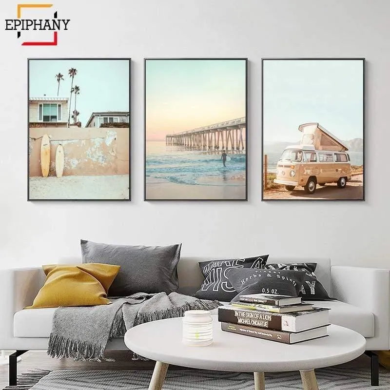 California Surf Kunstdrucke Strand Wandkunst Sommer Print Sonnenuntergang Landschaft Leinwand Malerei Surfbrett Boho Decor Coastal Poster