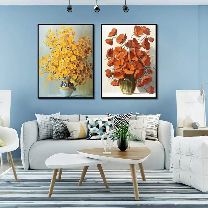 Modernes, minimalistisches Topfblumen-Poster, rot, gelb, orange, Blumendruck, Leinwandgemälde, Heimwandkunst, Dekoration, kann individuell angepasst werden