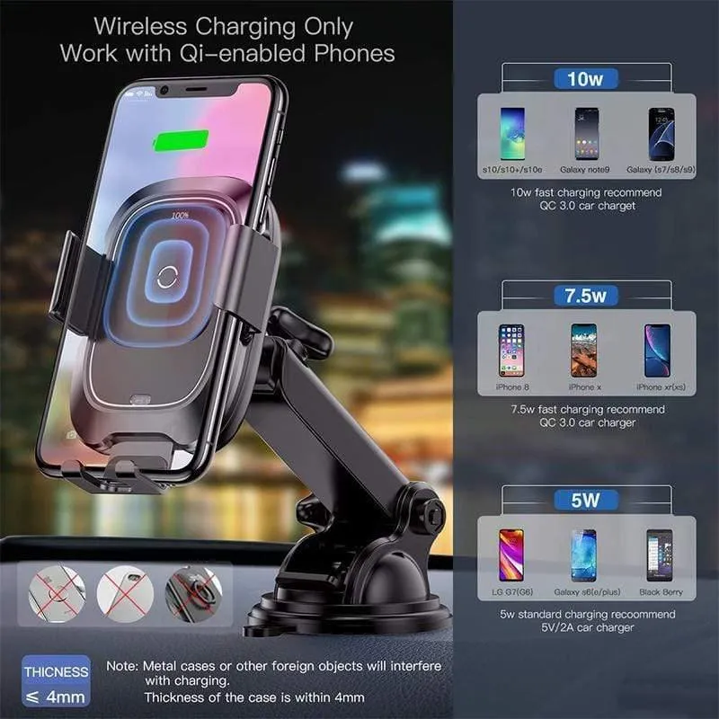 Baseus Qi Kabelloses Autoladegerät für iPhone, schnelles kabelloses Laden, Autohalterung für Samsung, Infrarot-Induktions-Autotelefonhalter, Ständer (schwarz)