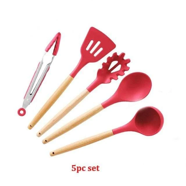 10/11/12/13-teiliges Küchenutensilien-Set, rot, Kochutensilien-Set, Silikon, Küchenutensilien, Gadgets, Holzspatel-Set mit Halterbox