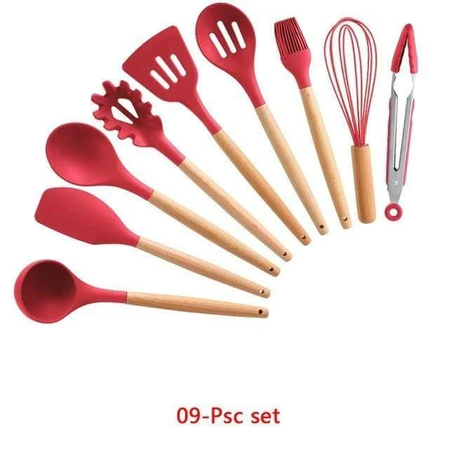 10/11/12/13-teiliges Küchenutensilien-Set, rot, Kochutensilien-Set, Silikon, Küchenutensilien, Gadgets, Holzspatel-Set mit Halterbox