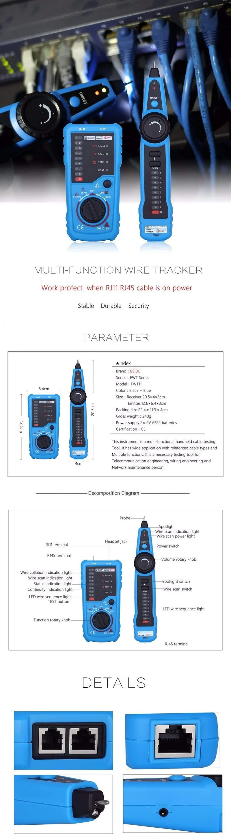 Netzwerkkabeltester, Detektor, RJ11, RJ45, Cat5, Cat6, Telefonkabel-Tracker, Tracer, Toner, Ethernet-LAN-Leitungsfinder
