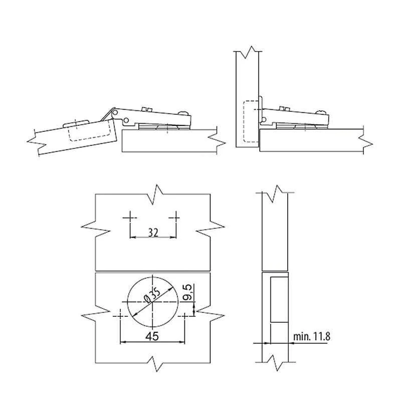 10 "T45" Gehäuse Scharnier Kissen Keilstopper Kreuzungsplatte Scharnier mit Dämpfer Der integrierte Dämpfer sorgt für ein leises und langsames Schließen