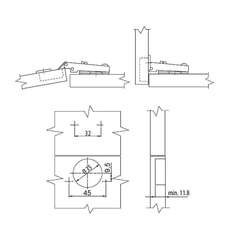 10 "T45" Gehäuse Scharnier Kissen Keilstopper Kreuzungsplatte Scharnier mit Dämpfer Der integrierte Dämpfer sorgt für ein leises und langsames Schließen