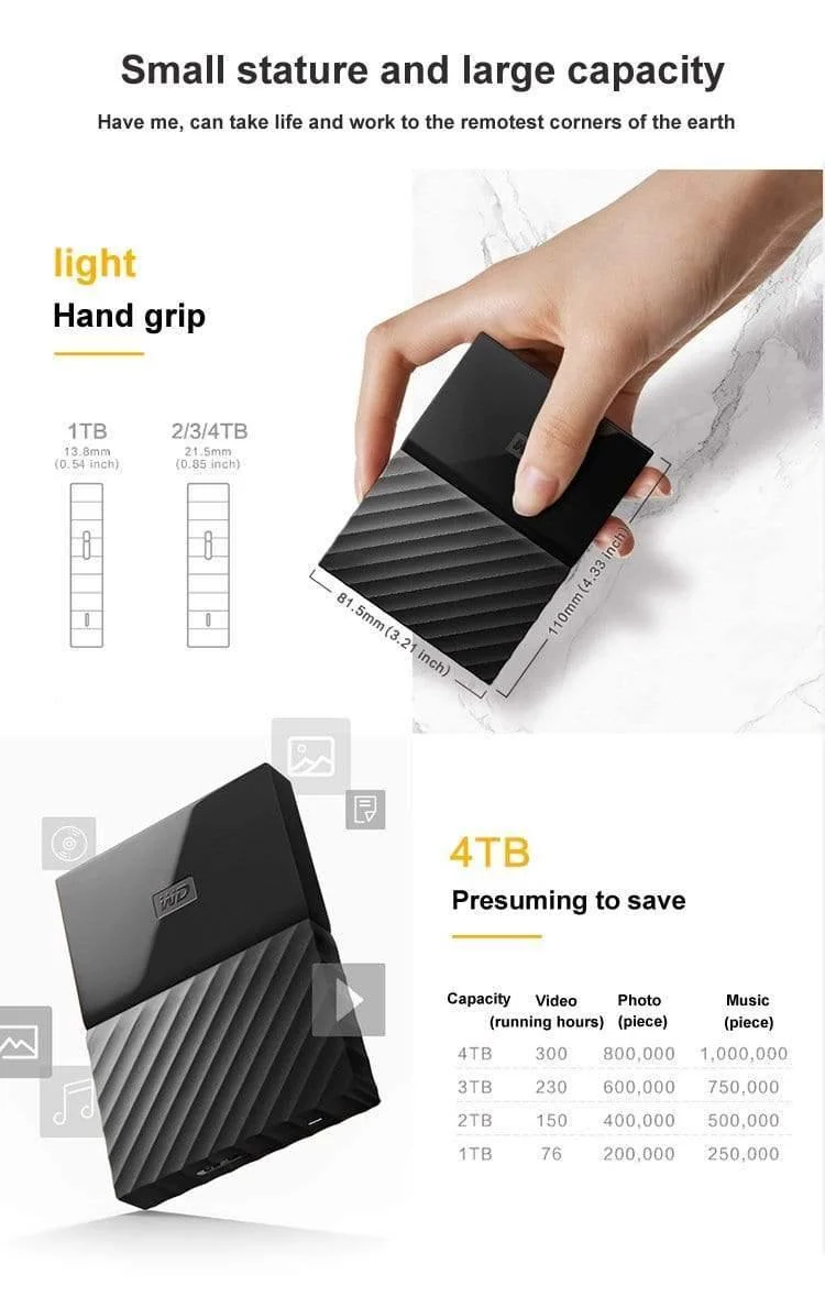 Digital My Passport HDD 1 TB 2 TB 4 TB USB 3.0 Portable externe Festplatte mit HDD-Kabel Windows Mac