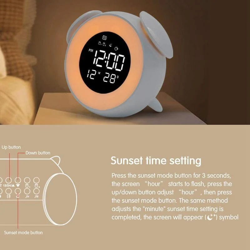 Kinder Wecker Drücken Steuerung Nachtlicht für Schlafzimmer, Mehrere Alarm Töne Sonnenaufgang und Sonnenuntergang Simulation, Snooze Funktion Wa