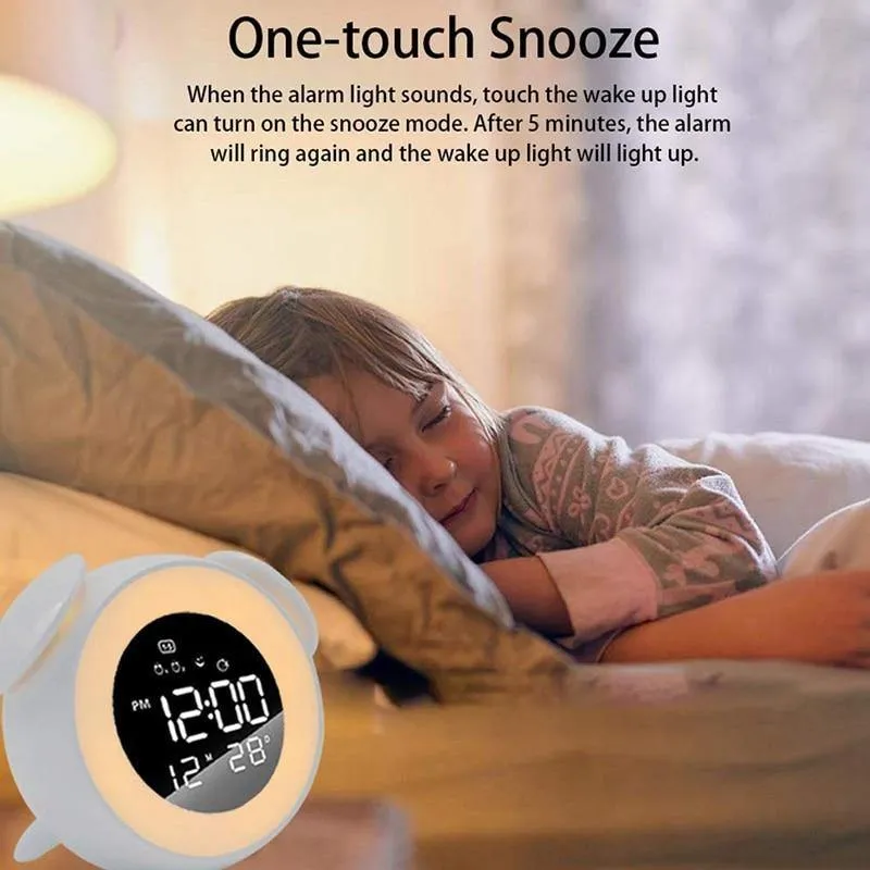 Kinder Wecker Drücken Steuerung Nachtlicht für Schlafzimmer, Mehrere Alarm Töne Sonnenaufgang und Sonnenuntergang Simulation, Snooze Funktion Wa