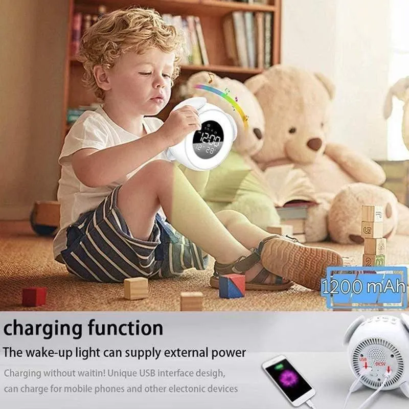 Kinder Wecker Drücken Steuerung Nachtlicht für Schlafzimmer, Mehrere Alarm Töne Sonnenaufgang und Sonnenuntergang Simulation, Snooze Funktion Wa