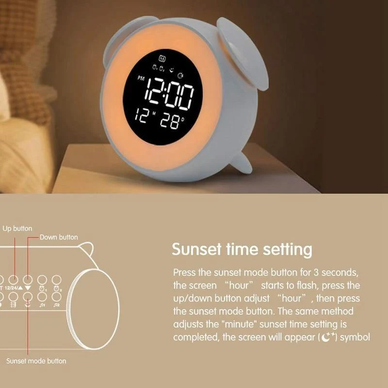 Kinder Wecker Drücken Steuerung Nachtlicht für Schlafzimmer, Mehrere Alarm Töne Sonnenaufgang und Sonnenuntergang Simulation, Snooze Funktion Wa