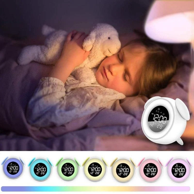 Kinder Wecker Drücken Steuerung Nachtlicht für Schlafzimmer, Mehrere Alarm Töne Sonnenaufgang und Sonnenuntergang Simulation, Snooze Funktion Wa