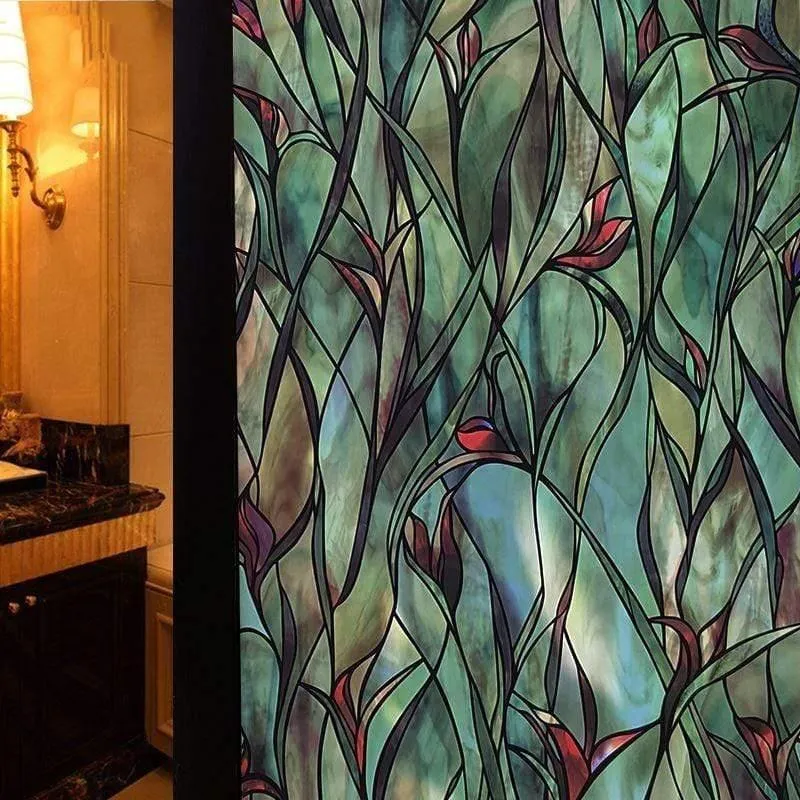 Amerikanische grüne Blattblumen-Fensterfolie, Buntglas-Aufkleber, selbstklebende Folie, statisch haftende Fensteraufkleber für Badezimmer, 100 cm