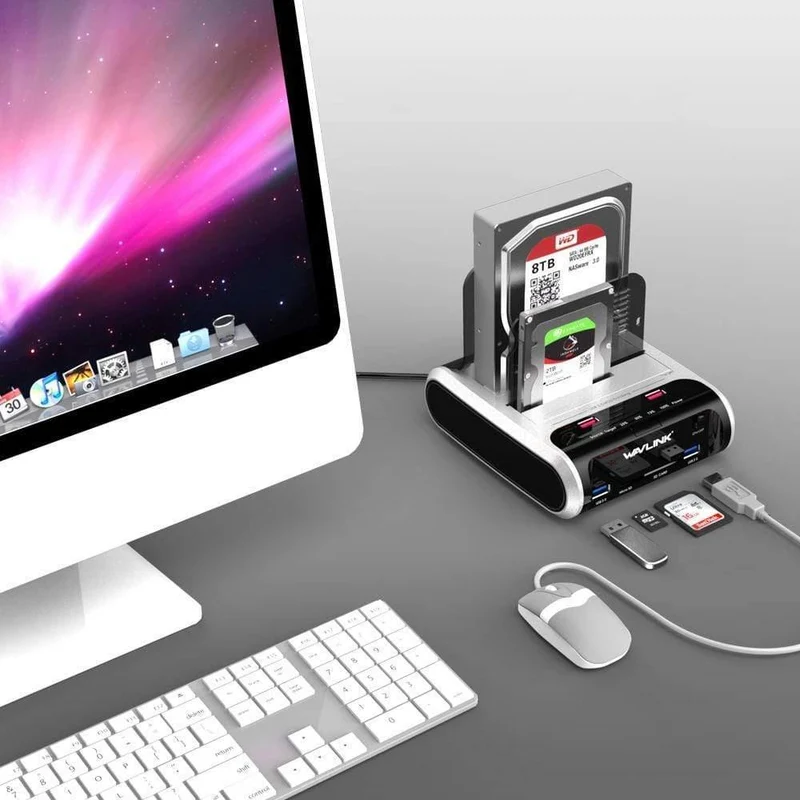 2.5 3.5 Zoll USB 3.0 zu SATA Dual-Bay-Festplatten-Dockingstation mit Offline-Klon und UASP-Kartenleser für 2.5- und 3.5-Zoll-Festplatten-SSD