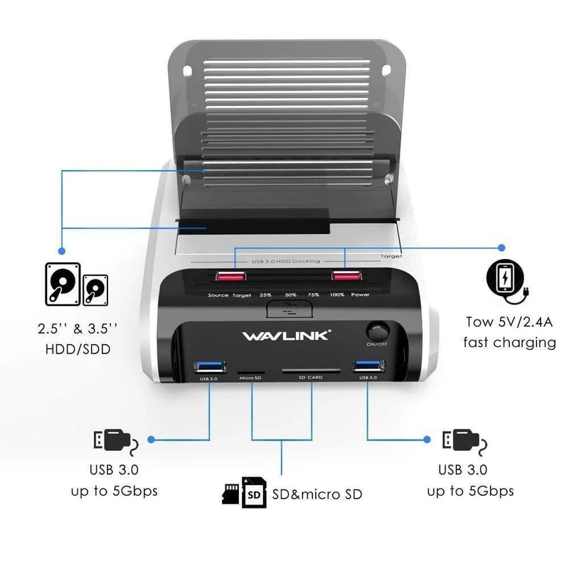 2.5 3.5 Zoll USB 3.0 zu SATA Dual-Bay-Festplatten-Dockingstation mit Offline-Klon und UASP-Kartenleser für 2.5- und 3.5-Zoll-Festplatten-SSD