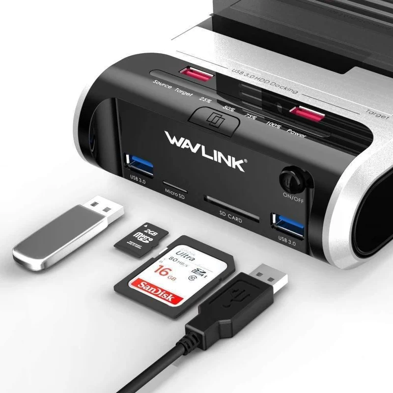 2.5 3.5 Zoll USB 3.0 zu SATA Dual-Bay-Festplatten-Dockingstation mit Offline-Klon und UASP-Kartenleser für 2.5- und 3.5-Zoll-Festplatten-SSD
