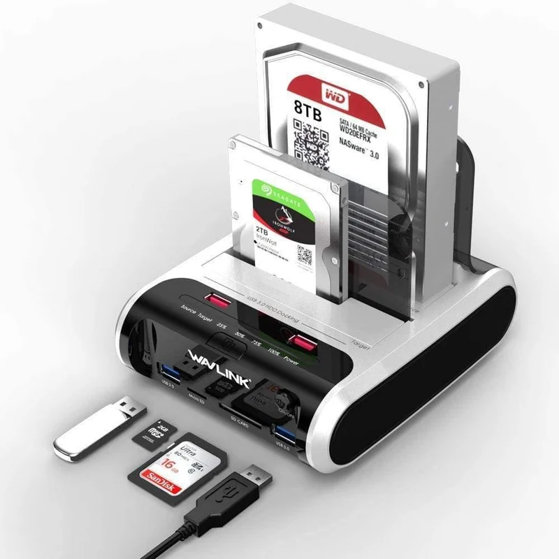 2.5 3.5 Zoll USB 3.0 zu SATA Dual-Bay-Festplatten-Dockingstation mit Offline-Klon und UASP-Kartenleser für 2.5- und 3.5-Zoll-Festplatten-SSD
