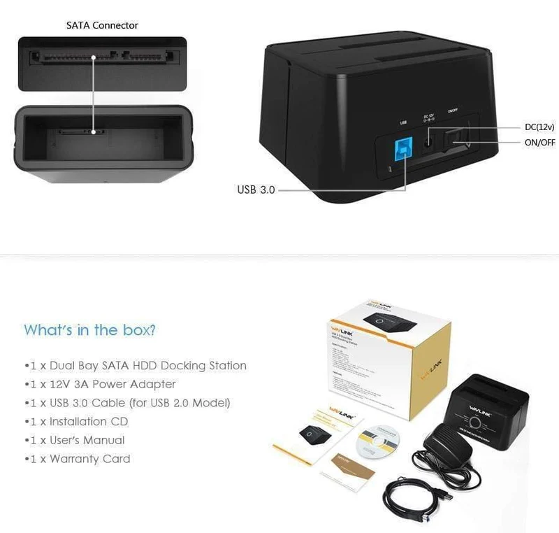 Externe Dual-Bay-SATA-zu-USB3.0-Festplatten-Dockingstation für 2.5/3.5-Zoll-HDD/SSD-Offline-Klon-/Backup-/UASP-Funktionen