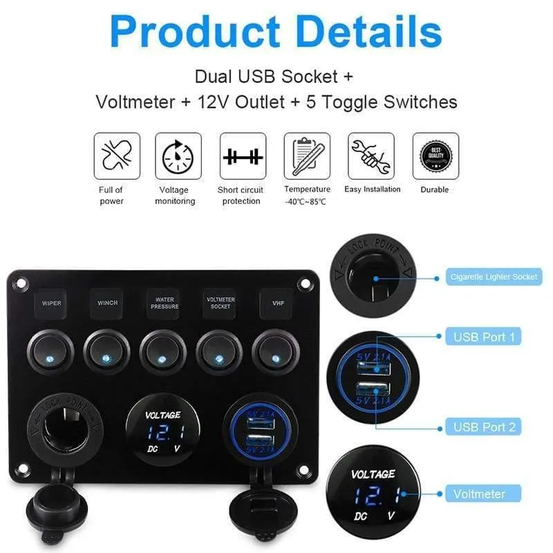 LED Marine Boot Schalttafel 12v 24v 6 Gang Wasserdicht Ein-Aus Kippschalter USB Ladebuchse Voltmeter 12v Steckdose