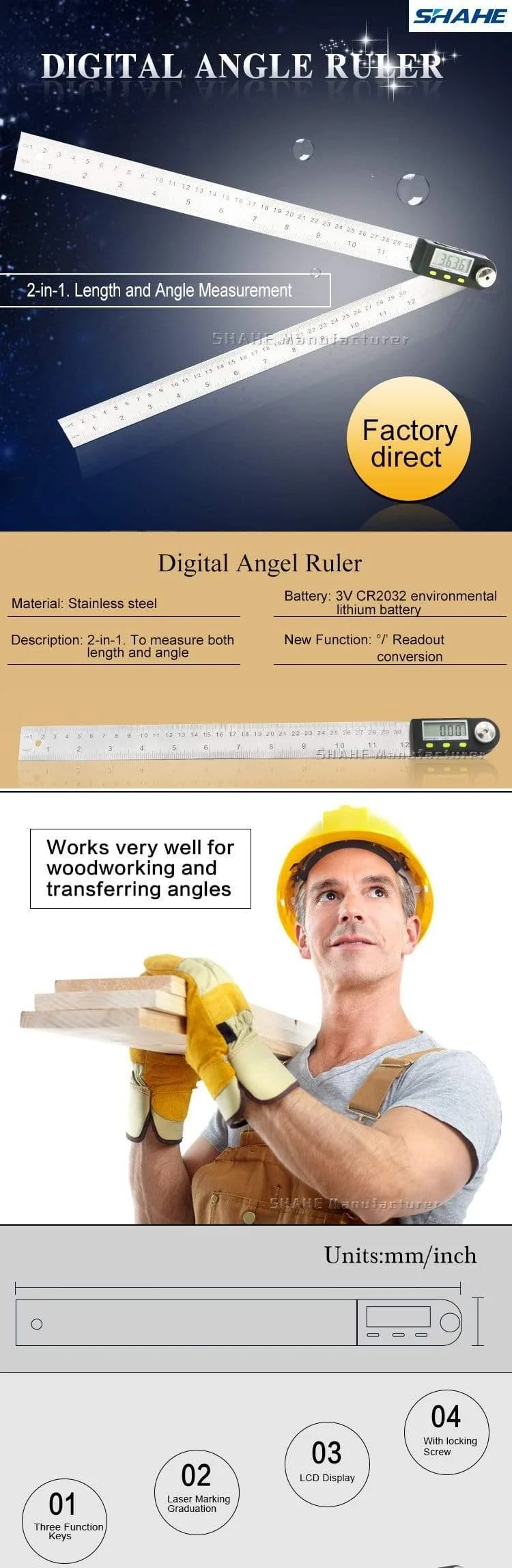 200 mm / 300 mm Digitales Winkelmaß Edelstahl Elektronischer Winkelmesser Elektronischer Winkelmesser Digitaler Winkelmesser