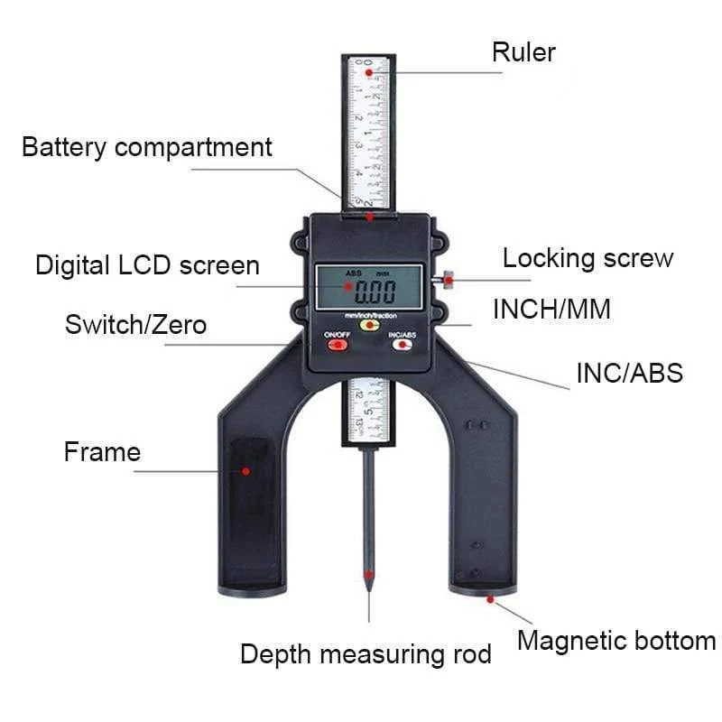 Hochpräzises digitales Tiefenmessgerät, Lochtiefe, Messschieber für DIY-Holzbearbeitungswerkzeug, 0–80 mm, D27
