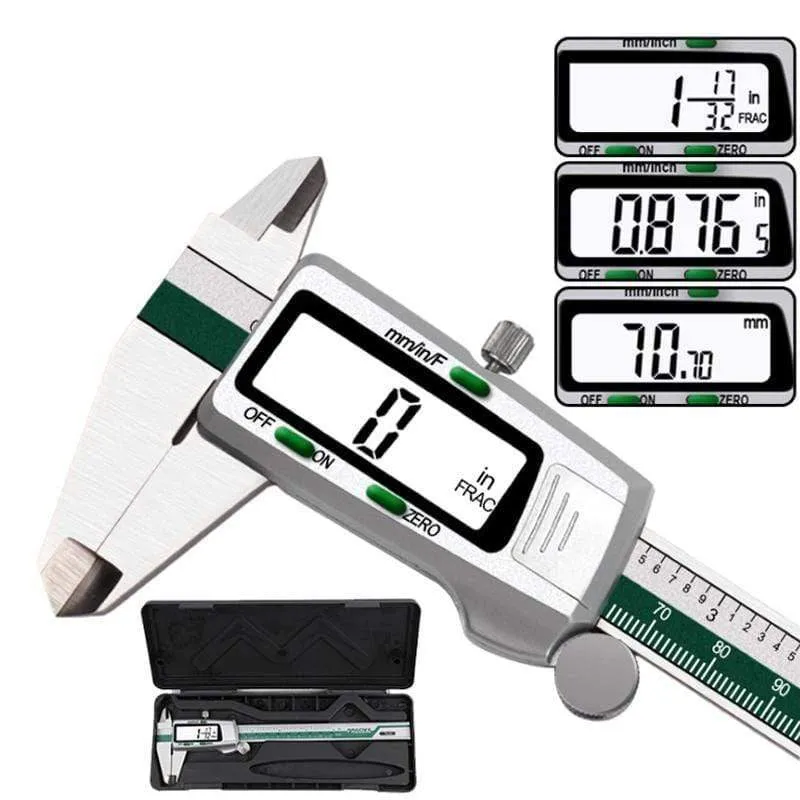 Digitaler Messschieber aus Edelstahl, 150 mm, Bruchteil/mm/Zoll, LCD-Display, Messschieber, hochpräzises Messgerät