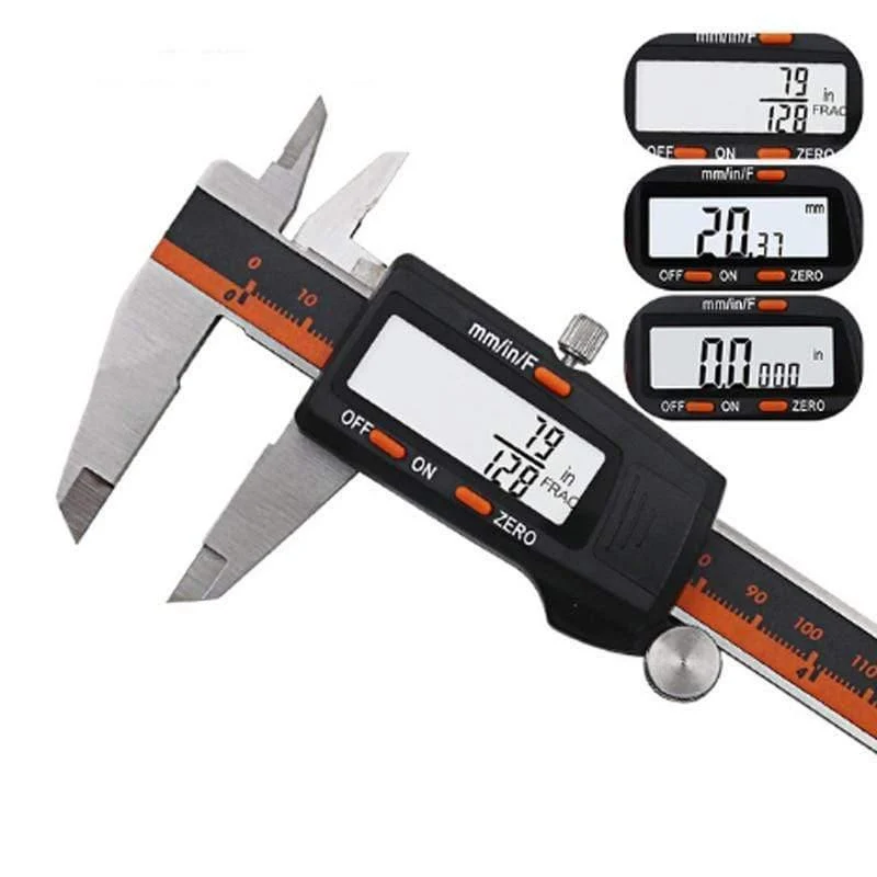 Digitaler Messschieber aus Edelstahl, 150 mm, Bruchteil/mm/Zoll, LCD-Display, Messschieber, hochpräzises Messgerät