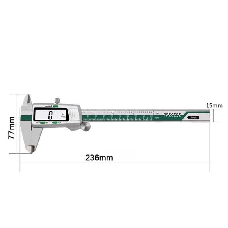 Digitaler Messschieber aus Edelstahl, 150 mm, Bruchteil/mm/Zoll, LCD-Display, Messschieber, hochpräzises Messgerät