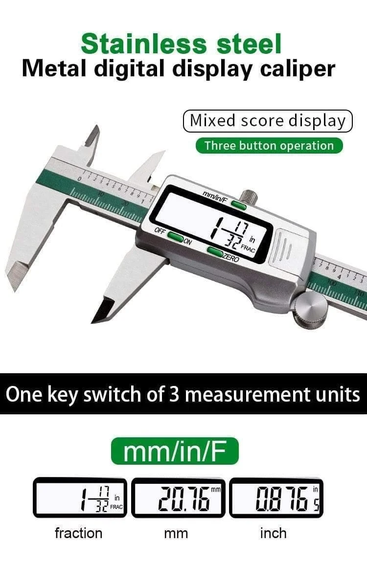 Digitaler Messschieber aus Edelstahl, 150 mm, Bruchteil/mm/Zoll, LCD-Display, Messschieber, hochpräzises Messgerät