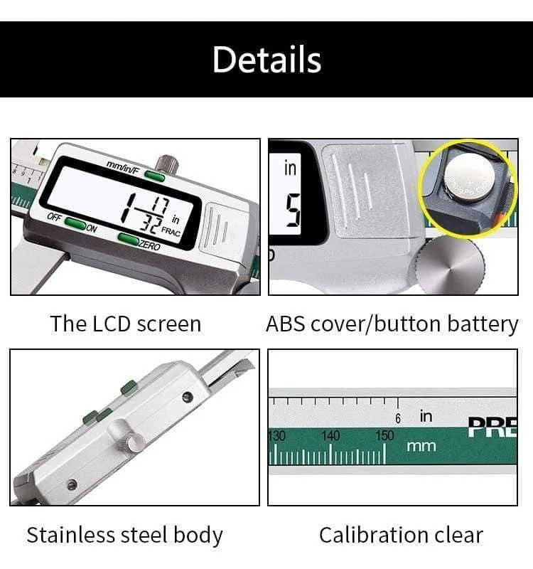 Digitaler Messschieber aus Edelstahl, 150 mm, Bruchteil/mm/Zoll, LCD-Display, Messschieber, hochpräzises Messgerät