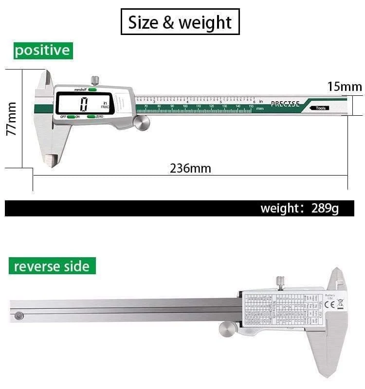 Digitaler Messschieber aus Edelstahl, 150 mm, Bruchteil/mm/Zoll, LCD-Display, Messschieber, hochpräzises Messgerät