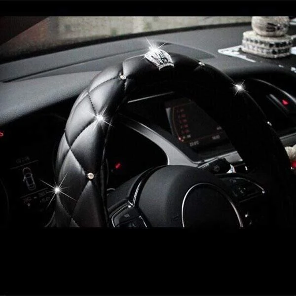 38 cm Luxus Kristall Krone Besetzt Strass PU Leder Auto Lenkrad Abdeckung Diamant Lenkung Abdeckung Innen Auto Zubehör