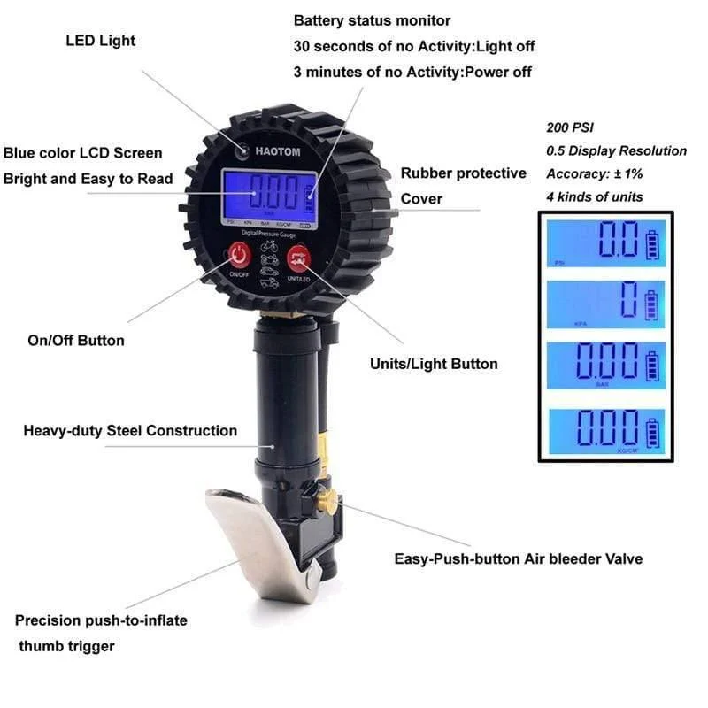 1 / 4 NPT Digitaler Schnellkupplungs-Reifenfüller mit Manometer 0-200PSI Luftfutter und Kompressorzubehör Reifenreparaturwerkzeuge
