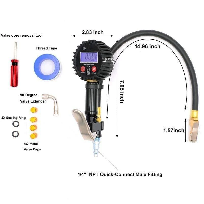 1 / 4 NPT Digitaler Schnellkupplungs-Reifenfüller mit Manometer 0-200PSI Luftfutter und Kompressorzubehör Reifenreparaturwerkzeuge