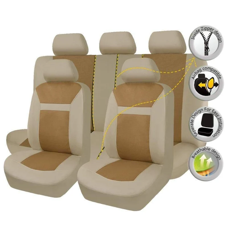 11 Pcs Polyster Material Volle Autositzbezüge Set Universal Fit Die Meisten Klassischen Autositzbezug Beige / Grau / Schwarz Farbe