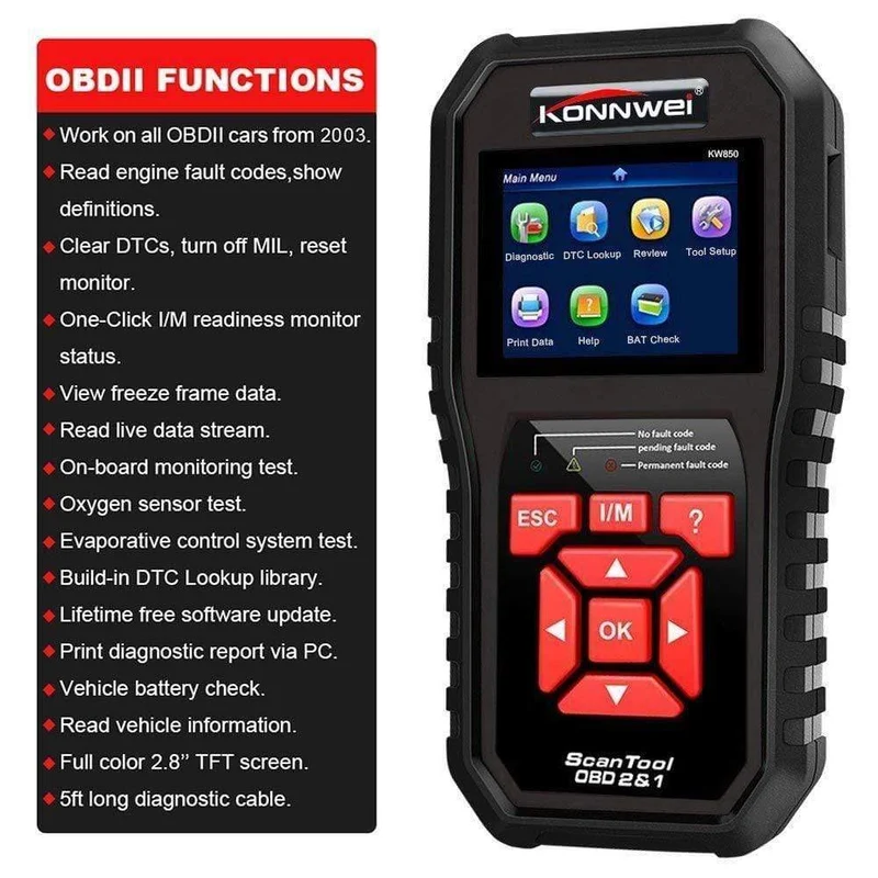 KW850 OBD2 Selbstdiagnosescanner Universal-OBD-Autodiagnosewerkzeug ODB2 Check Engine Kfz-Autocodeleser Schwarz