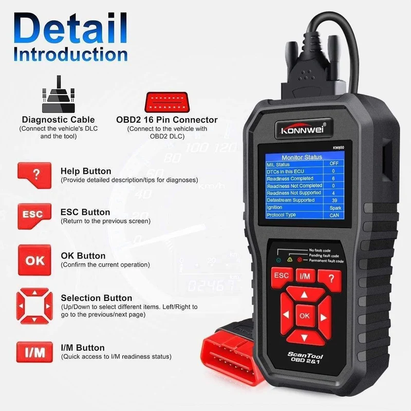 KW850 OBD2 Selbstdiagnosescanner Universal-OBD-Autodiagnosewerkzeug ODB2 Check Engine Kfz-Autocodeleser Schwarz