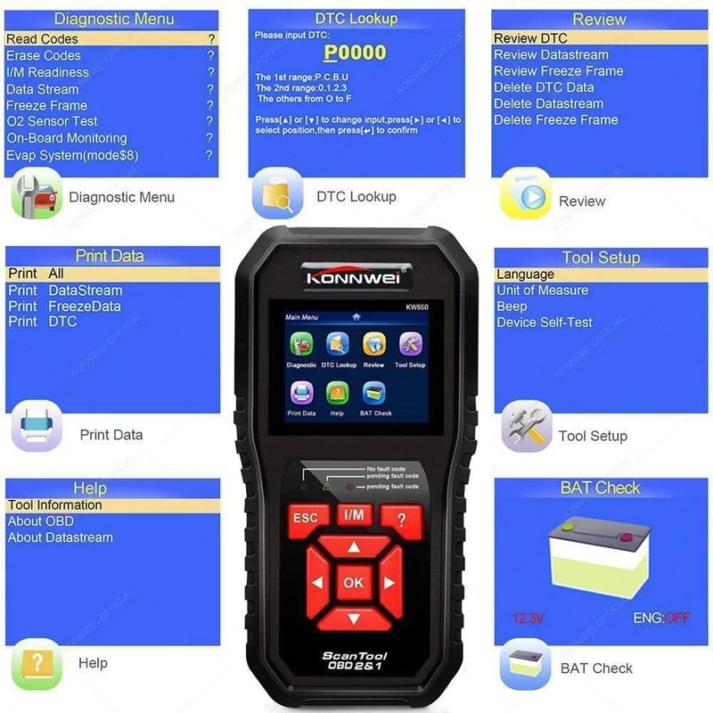 KW850 OBD2 Selbstdiagnosescanner Universal-OBD-Autodiagnosewerkzeug ODB2 Check Engine Kfz-Autocodeleser Schwarz