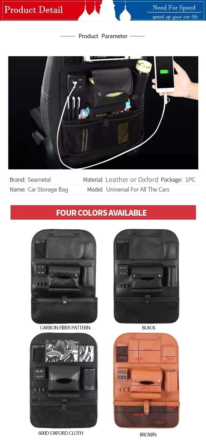 Zubehör Autositz-Organizer Innenraum Auto-Rücksitz-Aufbewahrungstasche Universelle Reisetasche 4 USB-Lade-Handy für Kinder