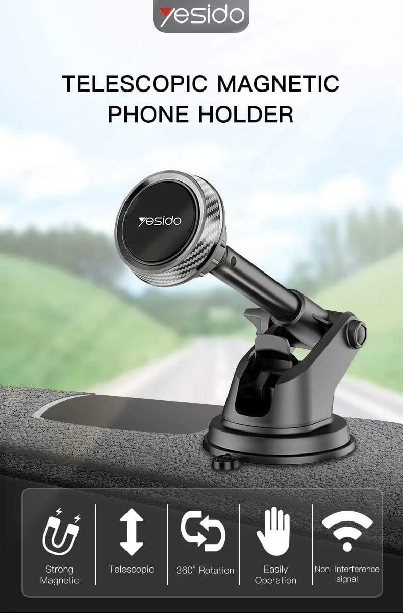 Magnetischer Autotelefonhalter mit Teleskopstange, Armaturenbrett, Windschutzscheibe, 360° drehbar, Metall-Saugnapf, Autohalterung für iPhone und Samsung