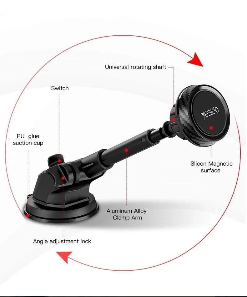 Magnetischer Autotelefonhalter mit Teleskopstange, Armaturenbrett, Windschutzscheibe, 360° drehbar, Metall-Saugnapf, Autohalterung für iPhone und Samsung