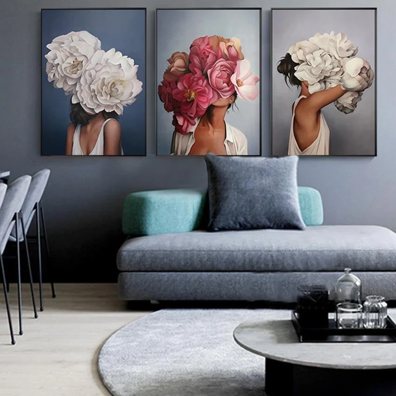 Blumenfedern Frau Abstrakte Leinwand Malerei Wandkunst Druckplakat Bild Dekorative Malerei Wohnzimmer Dekoration