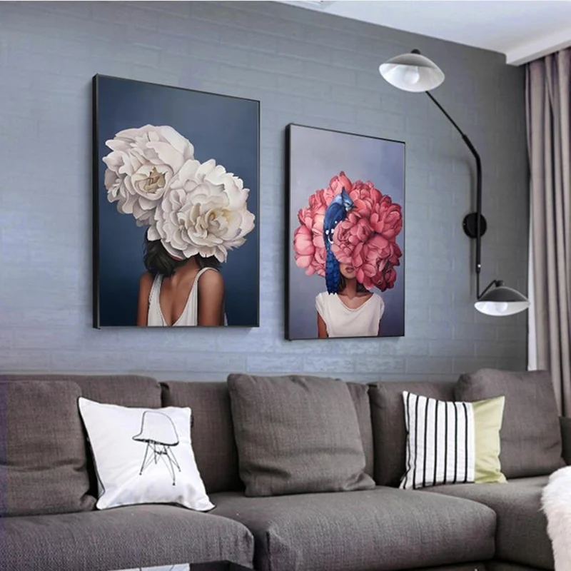Blumenfedern Frau Abstrakte Leinwand Malerei Wandkunst Druckplakat Bild Dekorative Malerei Wohnzimmer Dekoration
