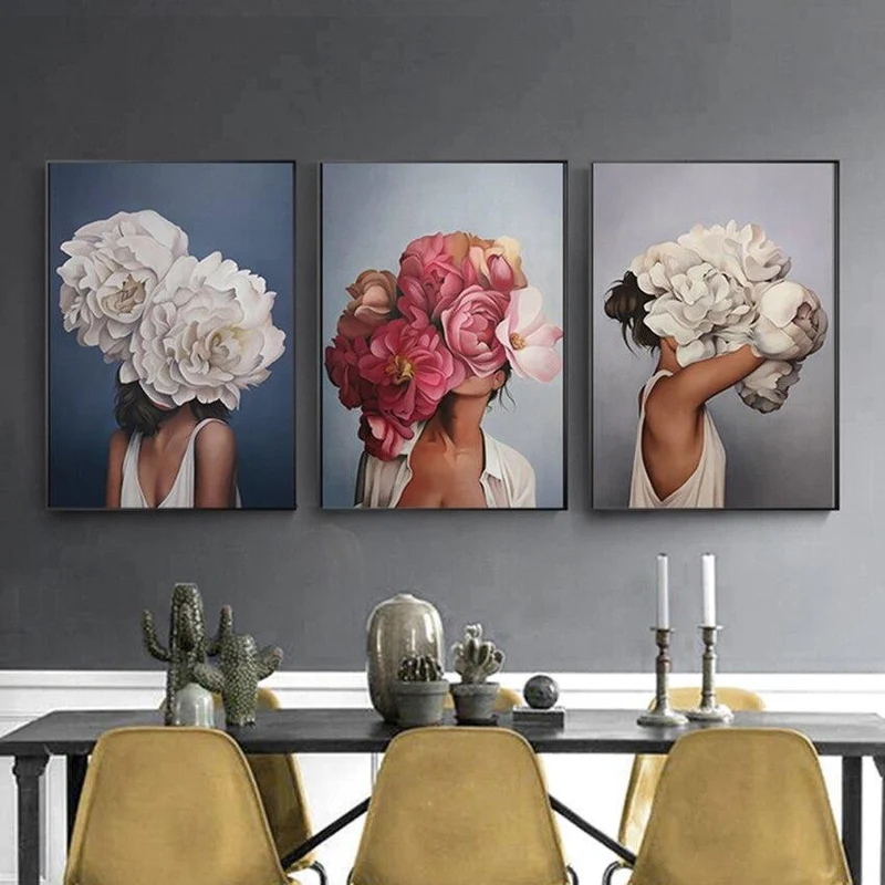 Blumenfedern Frau Abstrakte Leinwand Malerei Wandkunst Druckplakat Bild Dekorative Malerei Wohnzimmer Dekoration