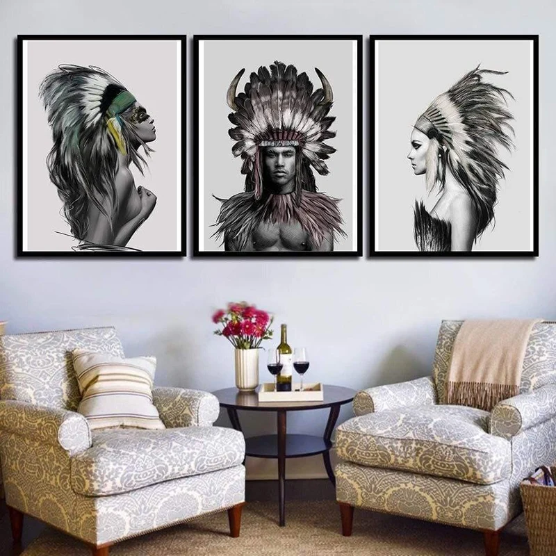 Wandbilder für Zuhause, Hochzeitsdekoration, Indianer, Frau und Mann, nordischer Stil, Leinwandkunst, HD-Druck, Malerei, minimalistisches Poster