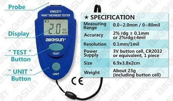 EM2271 Digital LCD Beschichtung Dicke Gauge Auto Malerei Dicke Tester Farbe Dicke Meter DIY Instrument