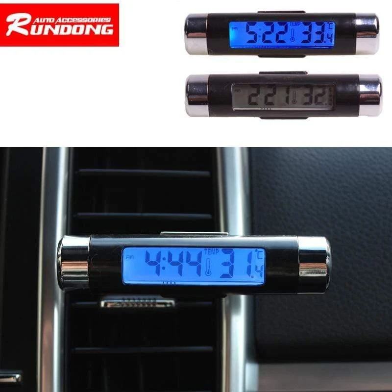 2 in 1 Auto-Innenraum-Digitalthermometer, Digitaluhr, blaue LED-Hintergrundbeleuchtung, digitale Anzeigeinstrumente, Autozubehör