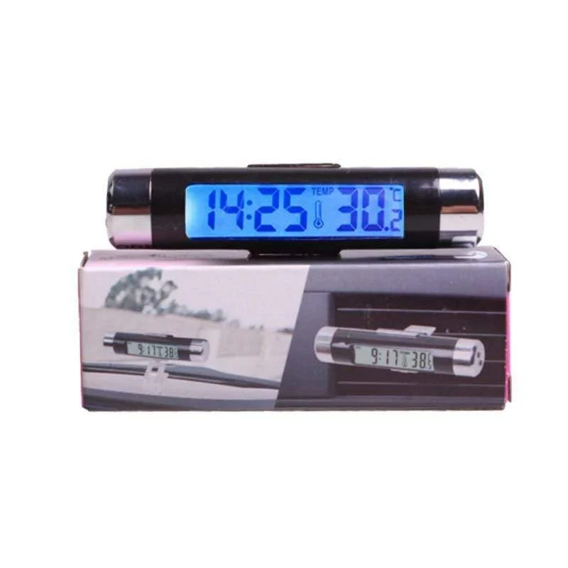 2 in 1 Auto-Innenraum-Digitalthermometer, Digitaluhr, blaue LED-Hintergrundbeleuchtung, digitale Anzeigeinstrumente, Autozubehör
