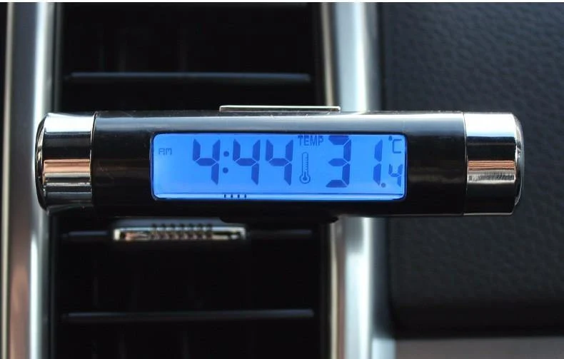 2 in 1 Auto-Innenraum-Digitalthermometer, Digitaluhr, blaue LED-Hintergrundbeleuchtung, digitale Anzeigeinstrumente, Autozubehör
